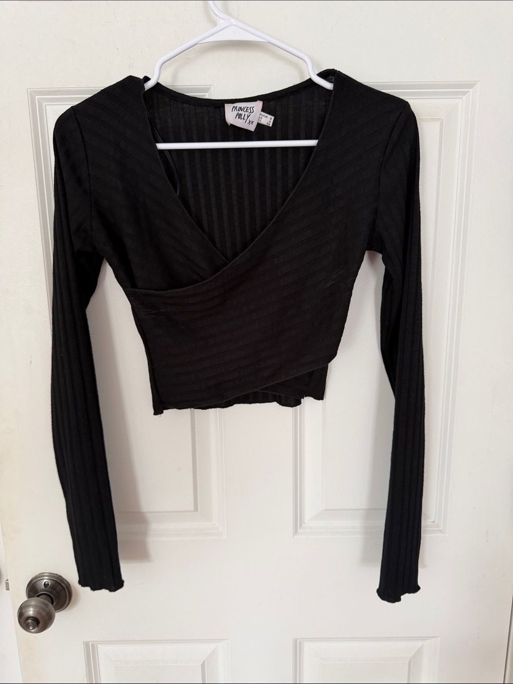 Princess Polly Black Ribbed Wrap Long Sleeve Crop Top size 4